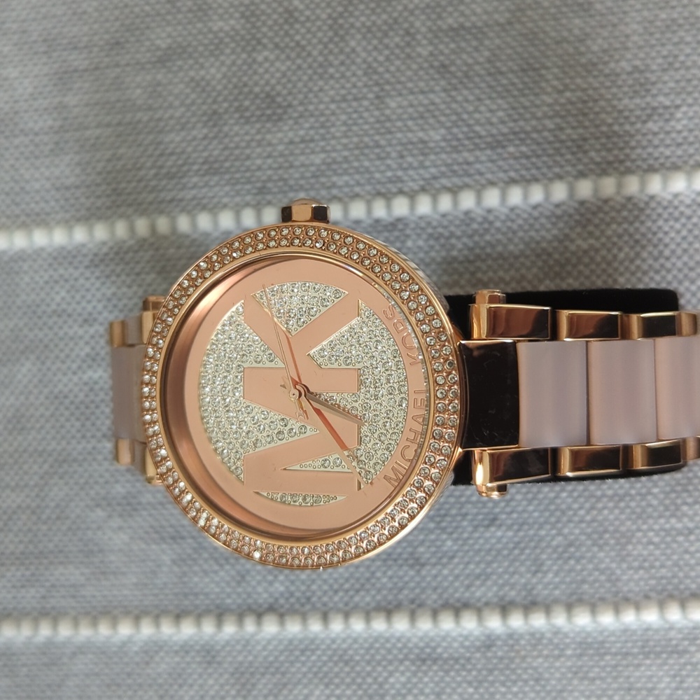 Michael Kors Rose Gold and Blush Resin Logo Crystal Watch - Picture 2 of 4